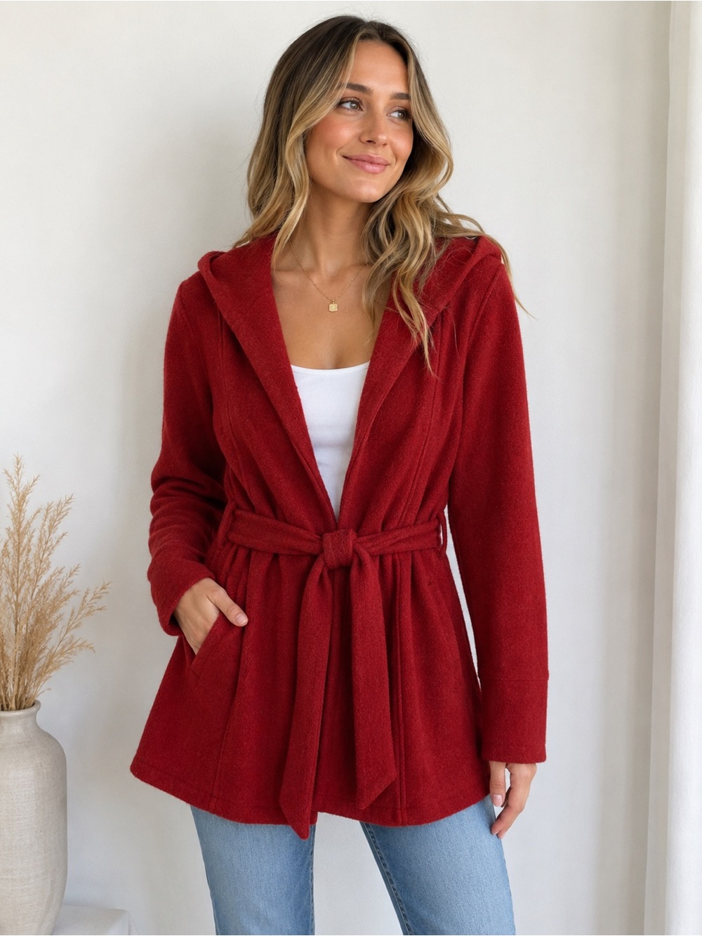 Rosie Neira Women’s XS Red Hooded Belted Cardigan Jacket